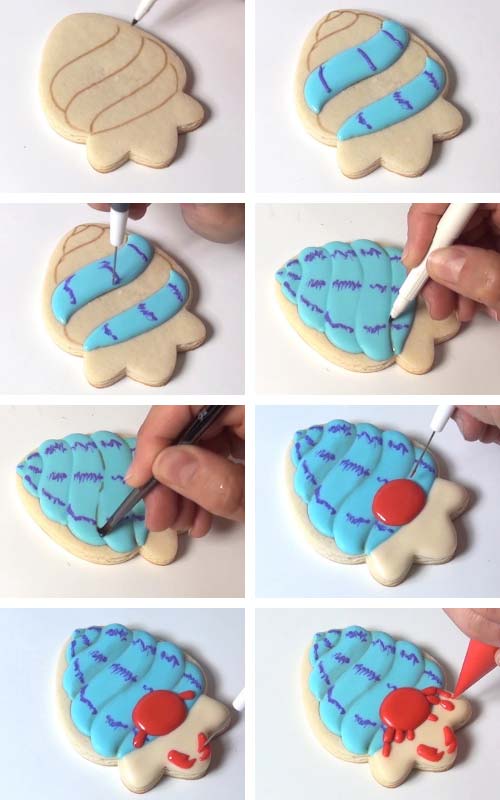 Icing a cookie with royal icing. Using a brown edible marker to create shading on royal icing.