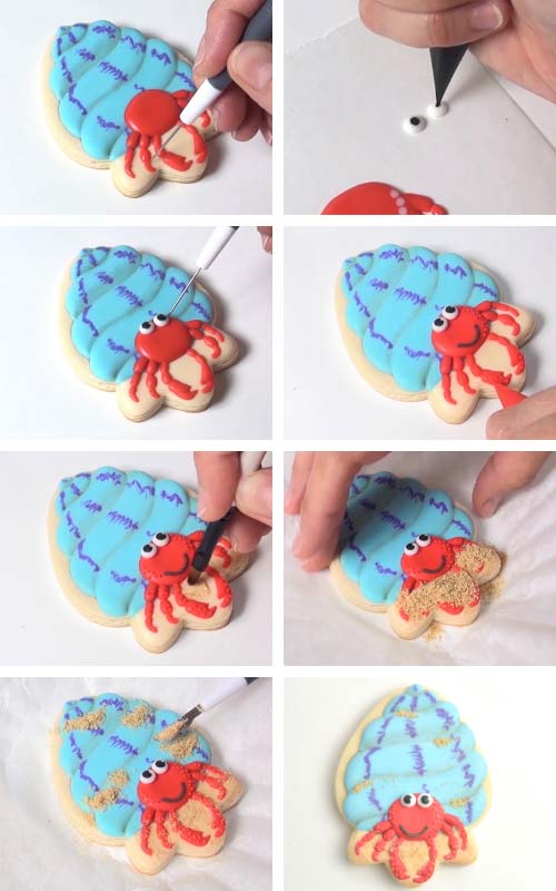 Attaching eyes onto the cookie. Brushing a layer of icing onto the cookie and decorating it with cookie sand.
