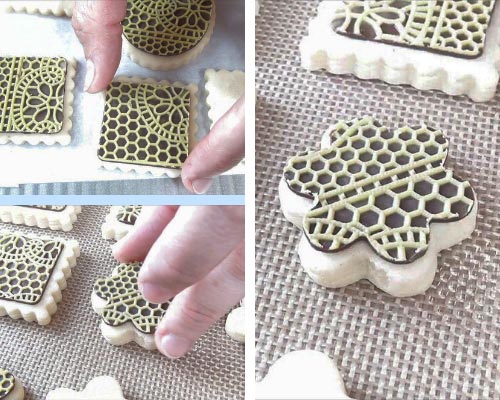 transferring chocolate lace onto a cookie
