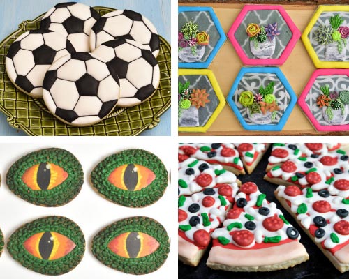 soccer ball, pizza, succulent and dinosaur cookie decorated with 20 second royal icing consistency