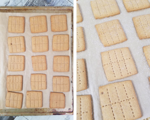 Baked graham crackers on a baking sheets.