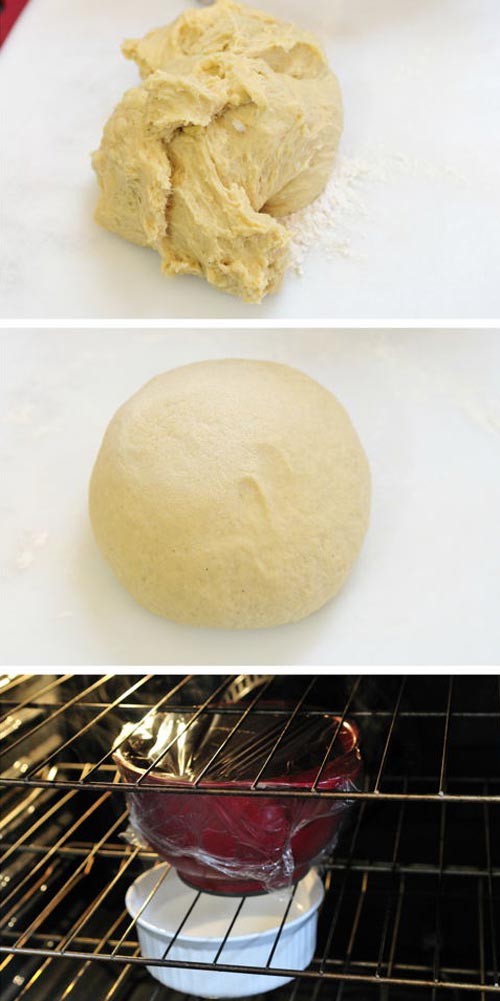 soft hamburger dough on a work surface.
