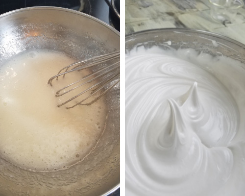 Soft peak meringue in a bowl.