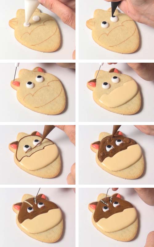 Piping chipmunk eyes with royal icing. Outlining and flooding a cookie. Using a needle tool to marble colors together.