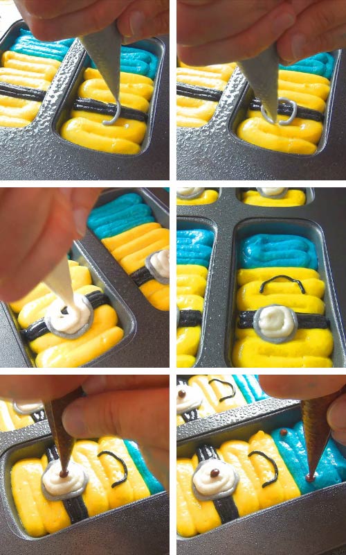 Piping minion cakes with a cake batter into a whoopie pan.