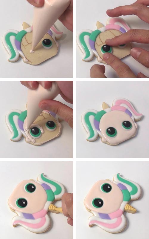 Flooding a unicorn cookie with royal icing.