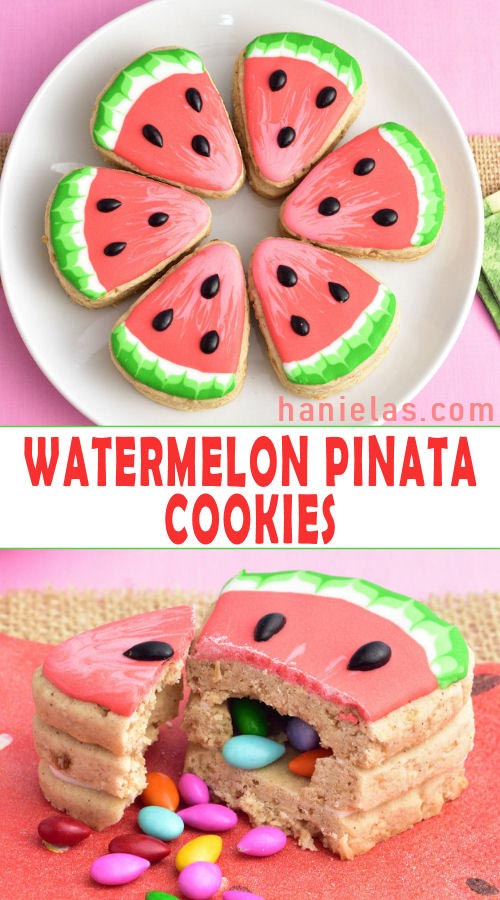 Decorated watermelon pinata cookies with chocolate sunflowers inside.
