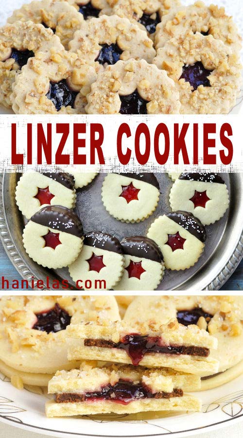 Linzer cookies sandwiched with raspberry jam on a tray.