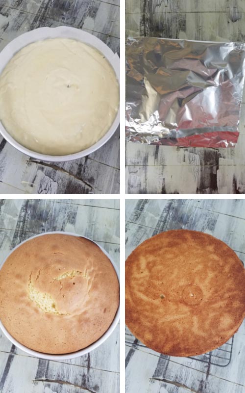 Cake pan filled with cake batter. Baked cake with a foil dome on the top.