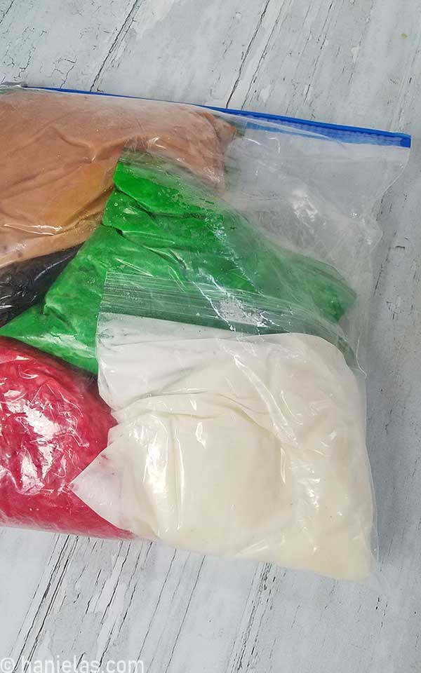 Frozen royal icing in sandwich bags.