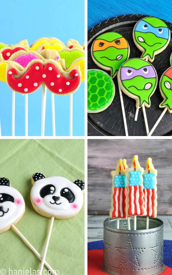 Decorated moustache, candles, ninja turtles and panda cookies on a stick.