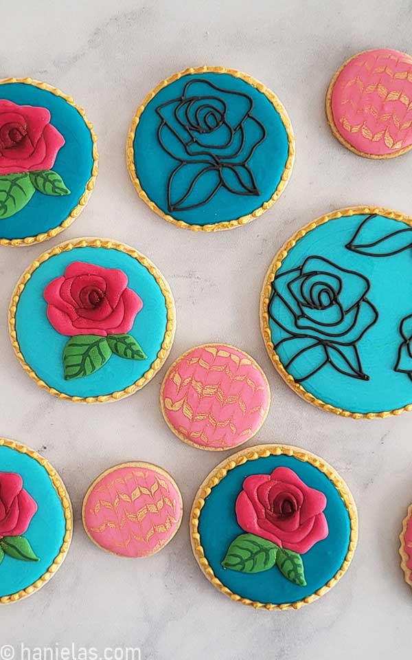 Round cookies decorated with royal icing.