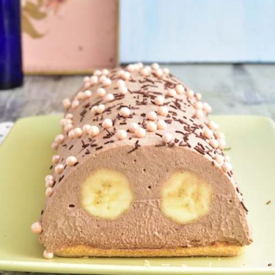 Chocolate mousse ice box cake with a banana inside.