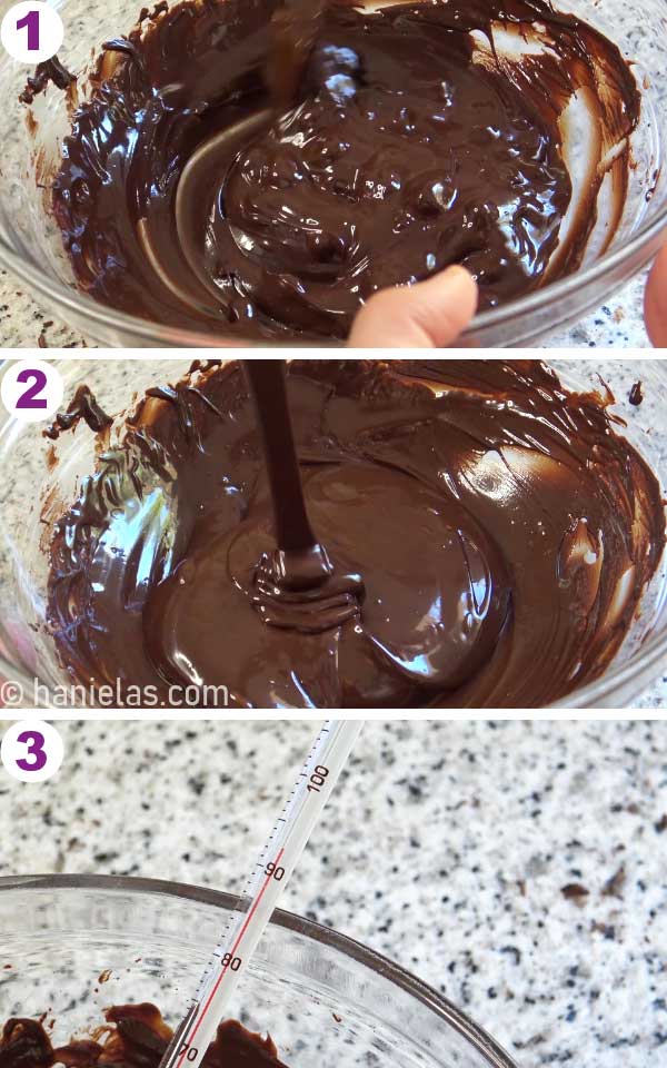 Melted chocolate in a bowl with a chocolate thermometer.