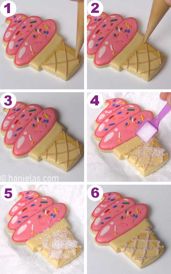Piping a lattice pattern onto ice cream cone.