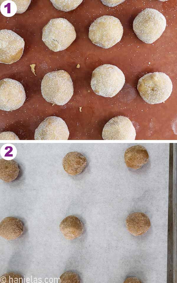 Balls of cookie dough on a baking sheet lined with parchment.