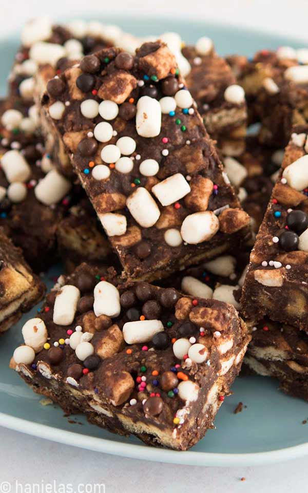 Sliced cookie bars on a plate.