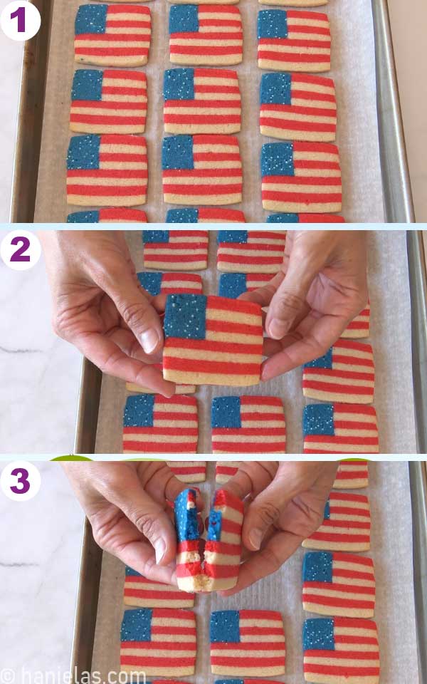 Hands holding a baked cookie above baking sheet.