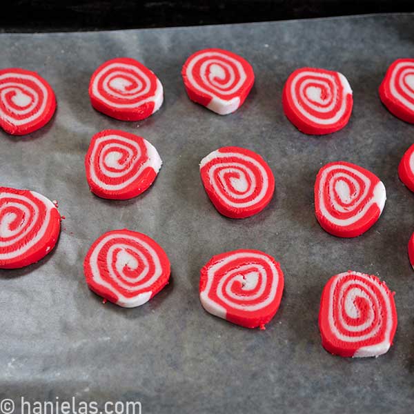 Peppermint candy filling slices on a wax paper.