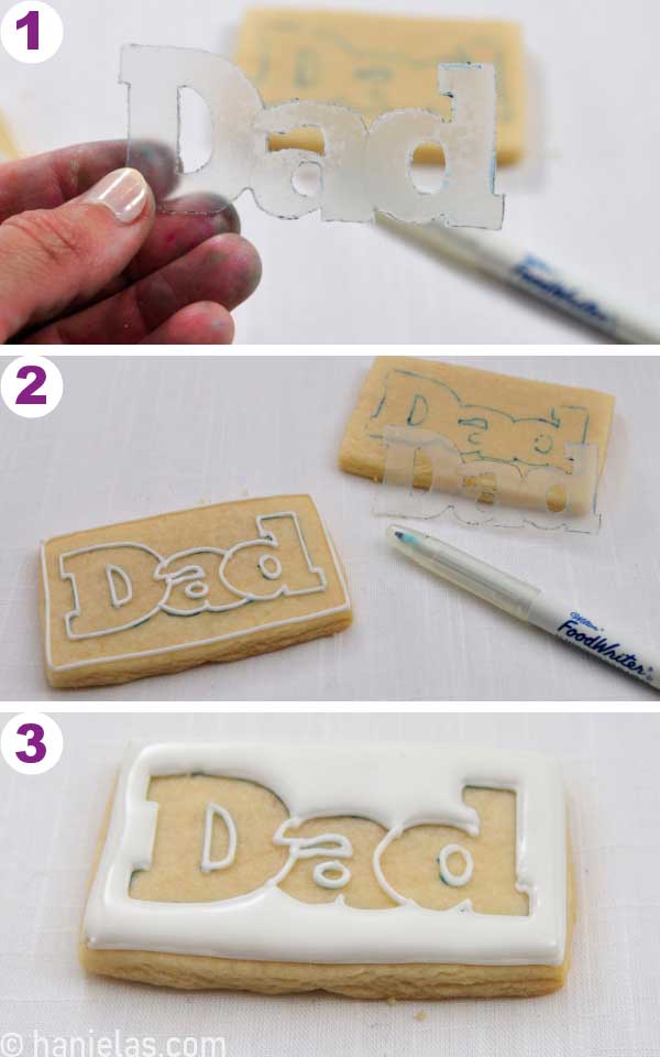 Tracing a day outline onto a cookie with a template and an edible marker.