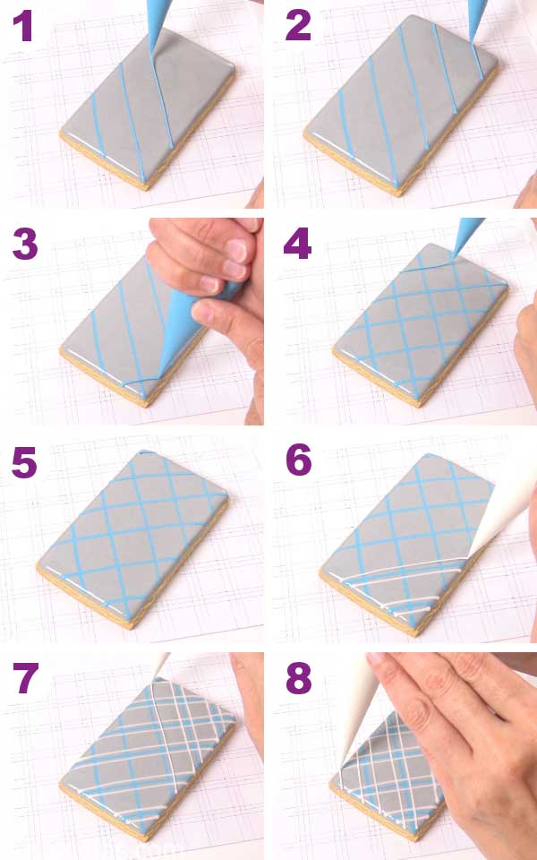 Piping a diagonal plaid wet-on-wet royal icing pattern.