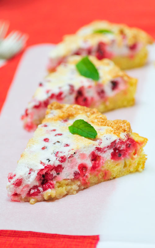 Slice of red currant meringue cake.