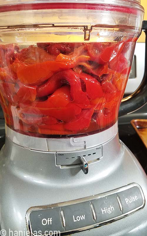 Peeled peppers in a food processor.