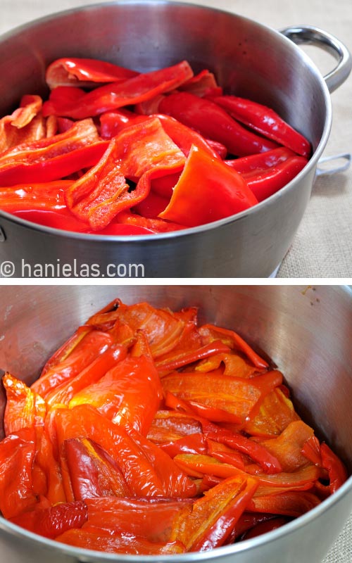 Peppers in a stainless steel pot.