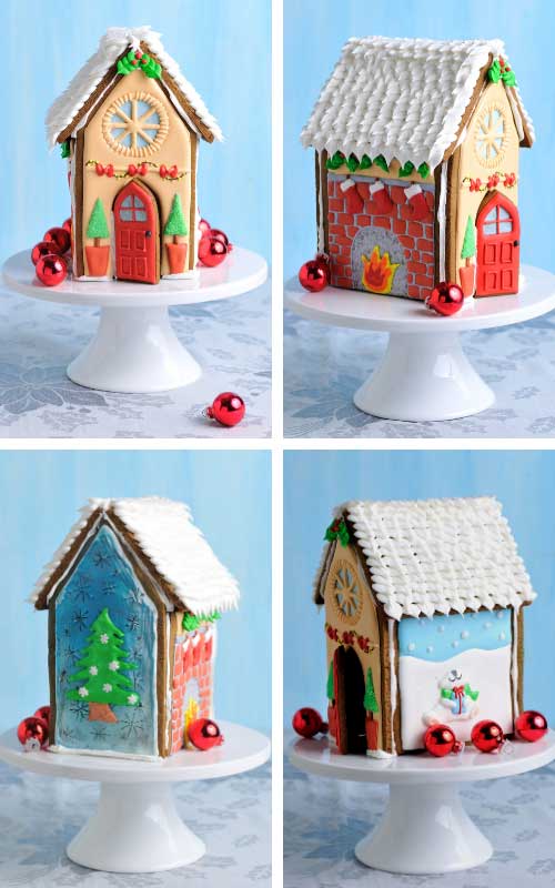 Christmas gingerbread house decorated with royal icing displayed on a cake stand.