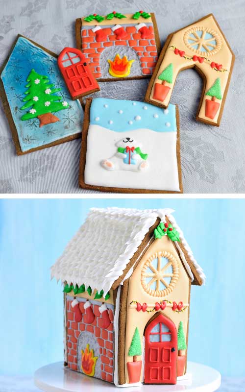 Decorated gingerbread house panels layered flat on a table.