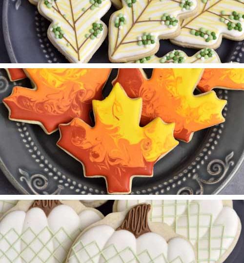 Royal icing decorated cookies displayed on a plate.