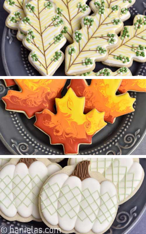 Royal icing decorated cookies displayed on a plate.