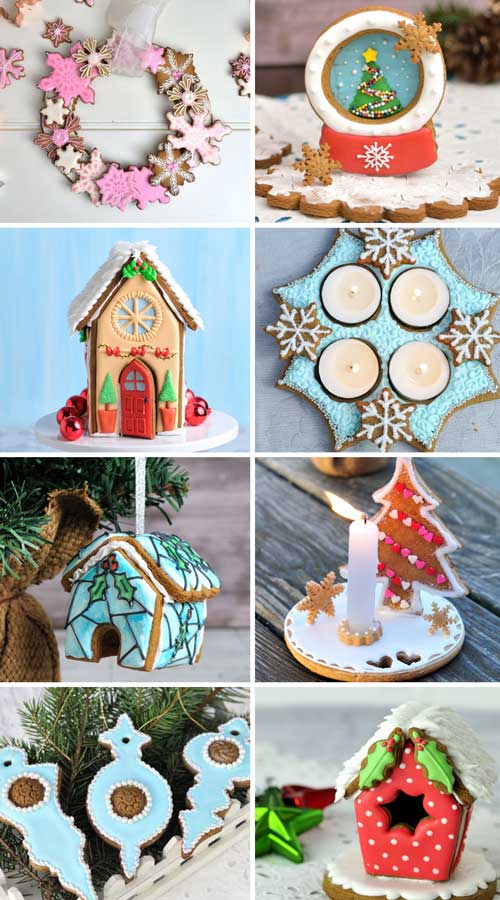 Variety of royal icing decorated gingerbread centerpieces.