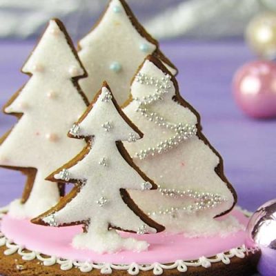 Tree cookies decorated with white icing glued on a round base standing up.
