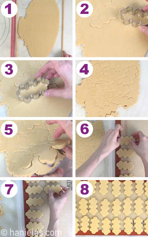 Cutting out cookies with a cookie cutter.