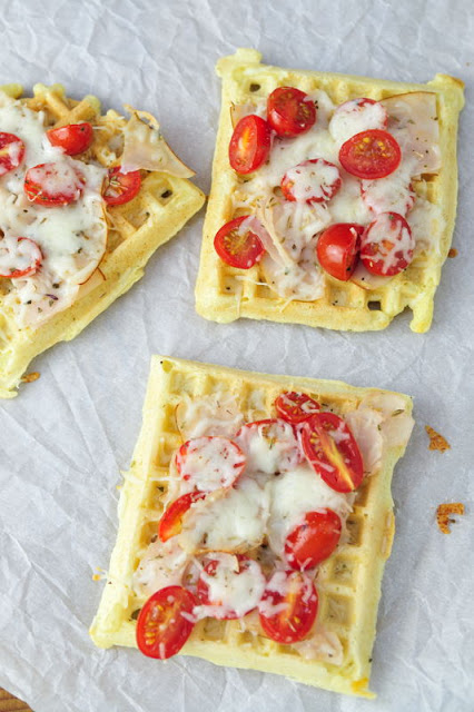 Tomato Ham and Cheese Pizza Waffles