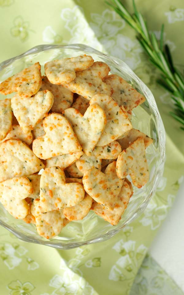 Baked crackers in a glass bowl.