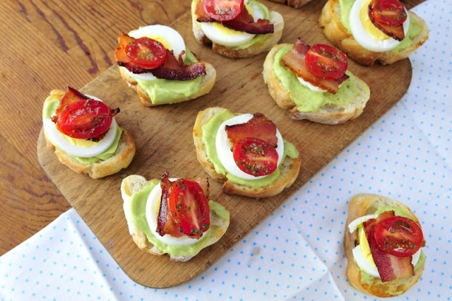 Avocado Cream with Bacon and Basil Tomato Crostini