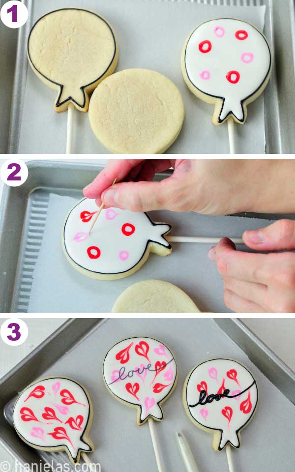 Cookie mit weißem Zuckerguss und roten Kreisen verziert, ziehen Sie das Nadelwerkzeug durch Kreise, um Herzformen zu machen.
