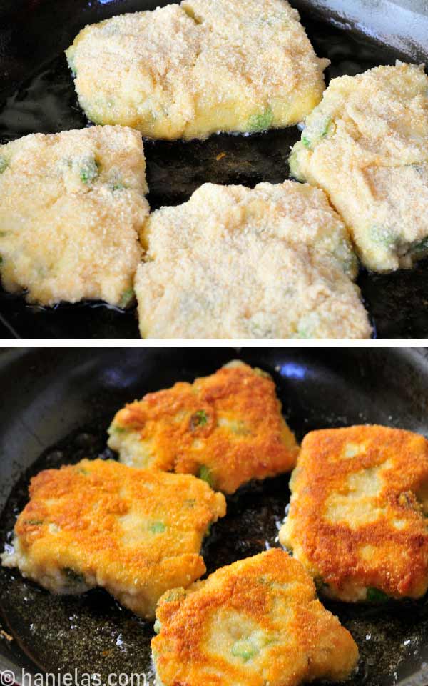 A large skillet with breaded vegetable patties.