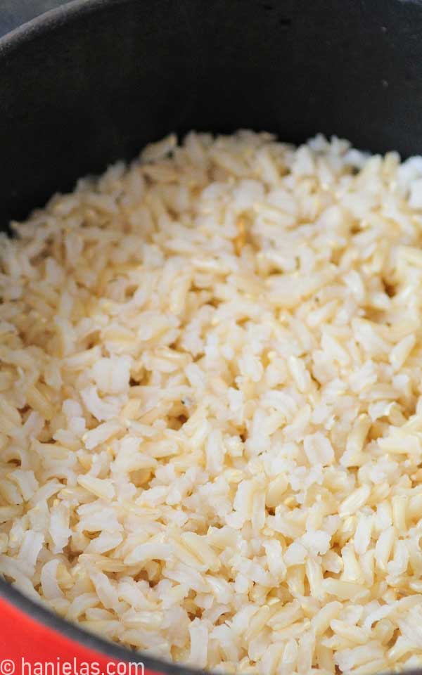 A pot with cooked brown rice.