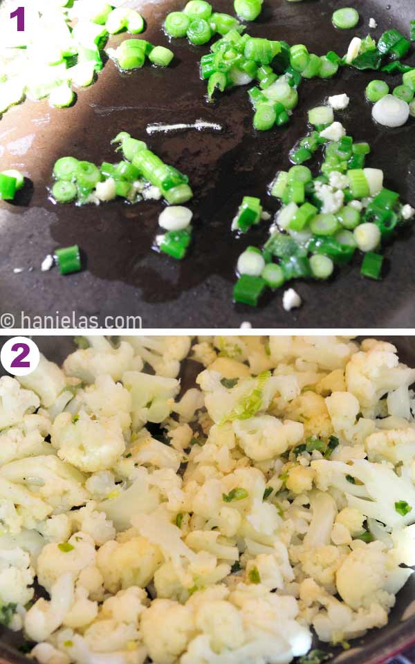 A skillet with chopped cauliflower and scallions.