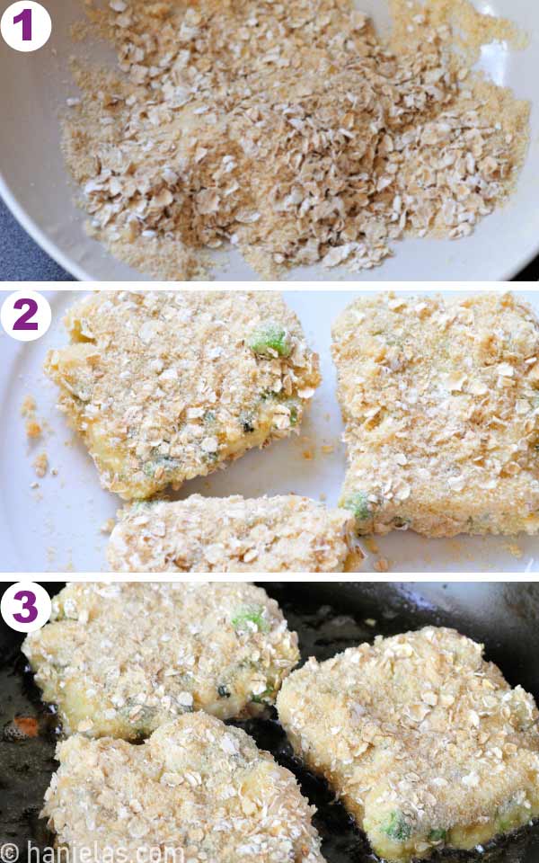 Vegetable cakes coated in breadcrumbs mixed with quick oats.