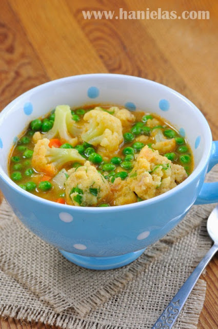 Cauliflower and Pea Soup with Prosciutto Dumplings