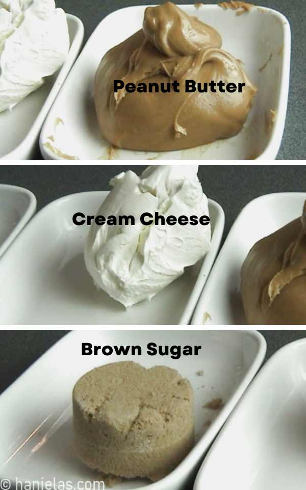 Peanut butter, cream cheese and brown sugar in a white shallow dish.