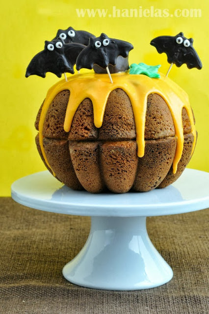 Pumpkin Sponge Cake with Chocolate Bats for Halloween