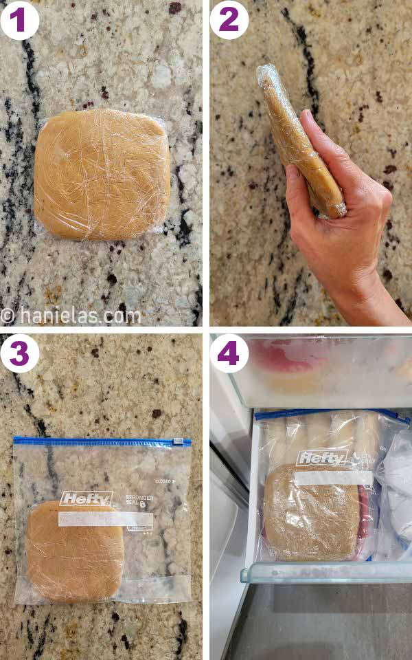A flat disk of brown cookie dough wrapped in a food plastic wrap.