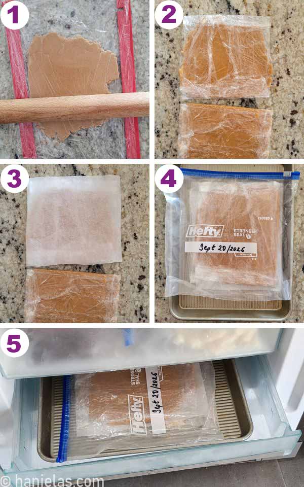 Rolled out dough, wrapped in clear plastic wrap, inside the labeled ziploc bag.