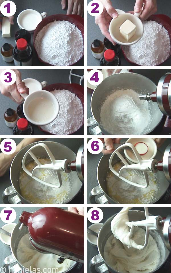 Buttercream being mixed in a bowl of stand mixer.