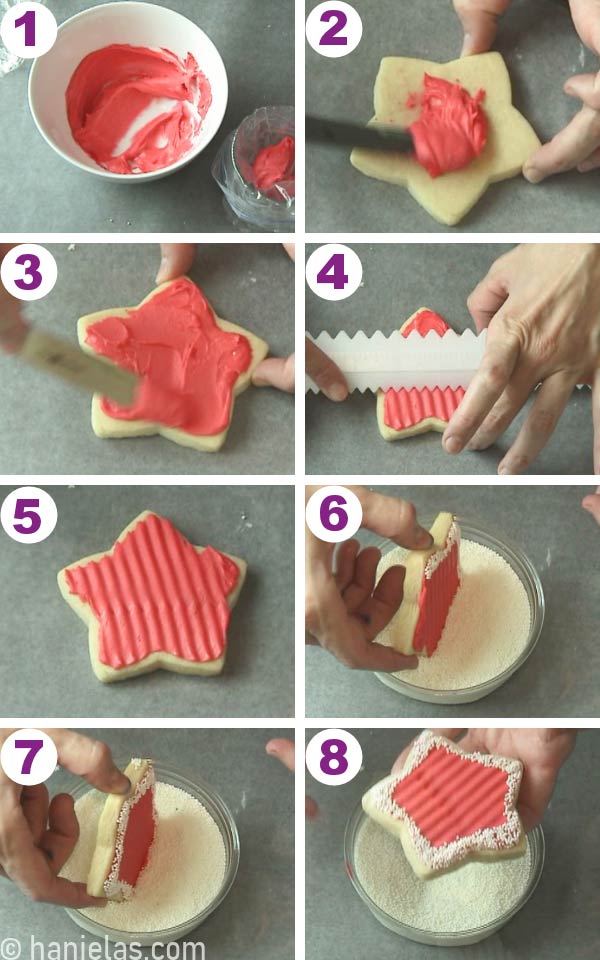 Hand holding a star cookie iced with red icing, dipping the edges into white sprinkles.